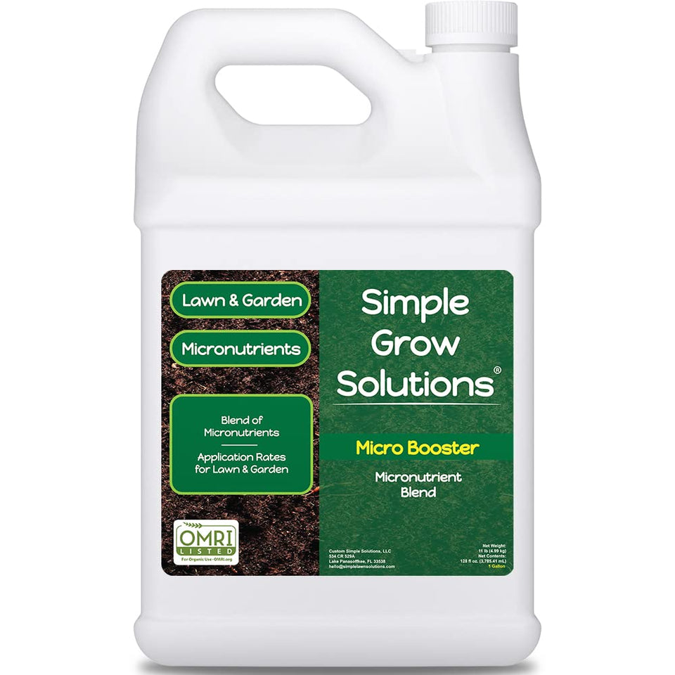 Simple Lawn Solutions Micro Booster bottle closeup showing nutrient-rich formula for greener turf.