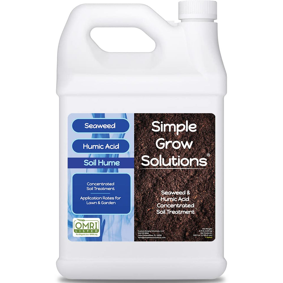 Simple Lawn Solutions Organic Seaweed Humic Blend bottle pour nourishes lawn nutrients