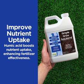 Simple Lawn Solutions soil hume liquid carbon bottle label highlights natural soil nutrition.