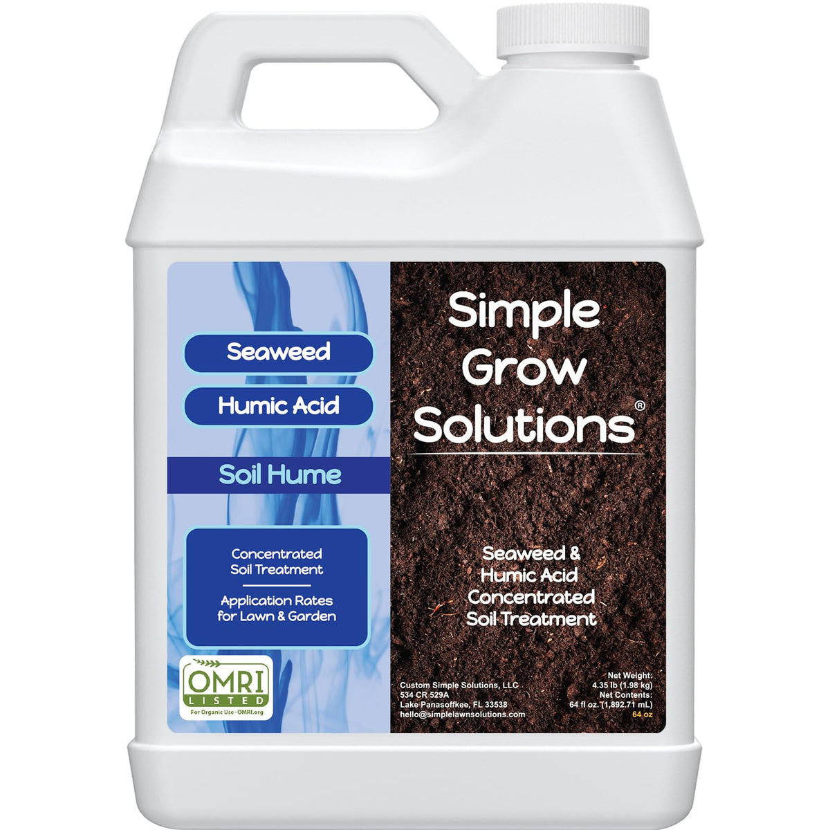 Simple Lawn Solutions Seaweed Humic Fulvic blend bottle pour boosts nutrient delivery for lawns.