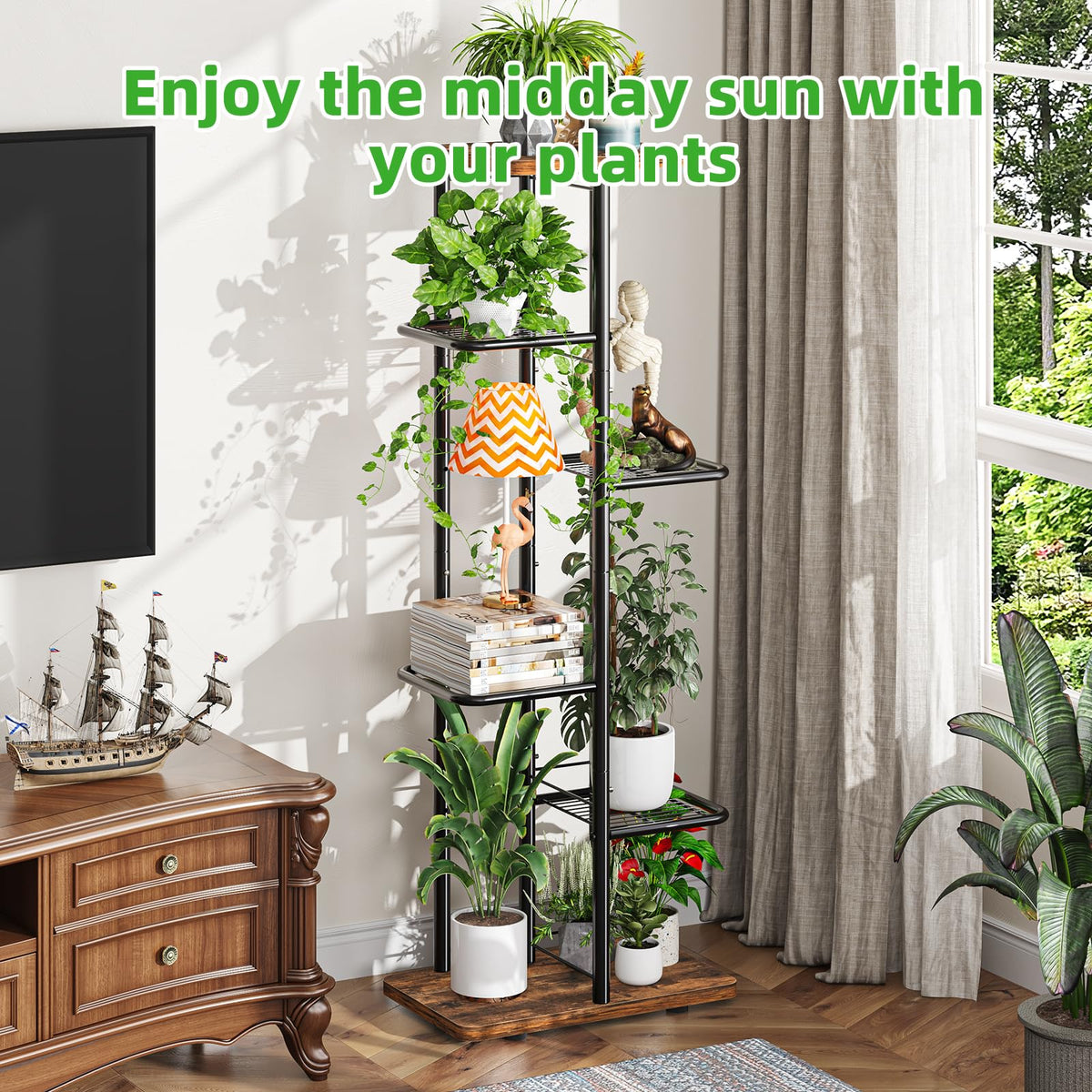 Simple Trending plant rack demonstrates indoor and outdoor versatility in a living room corner.