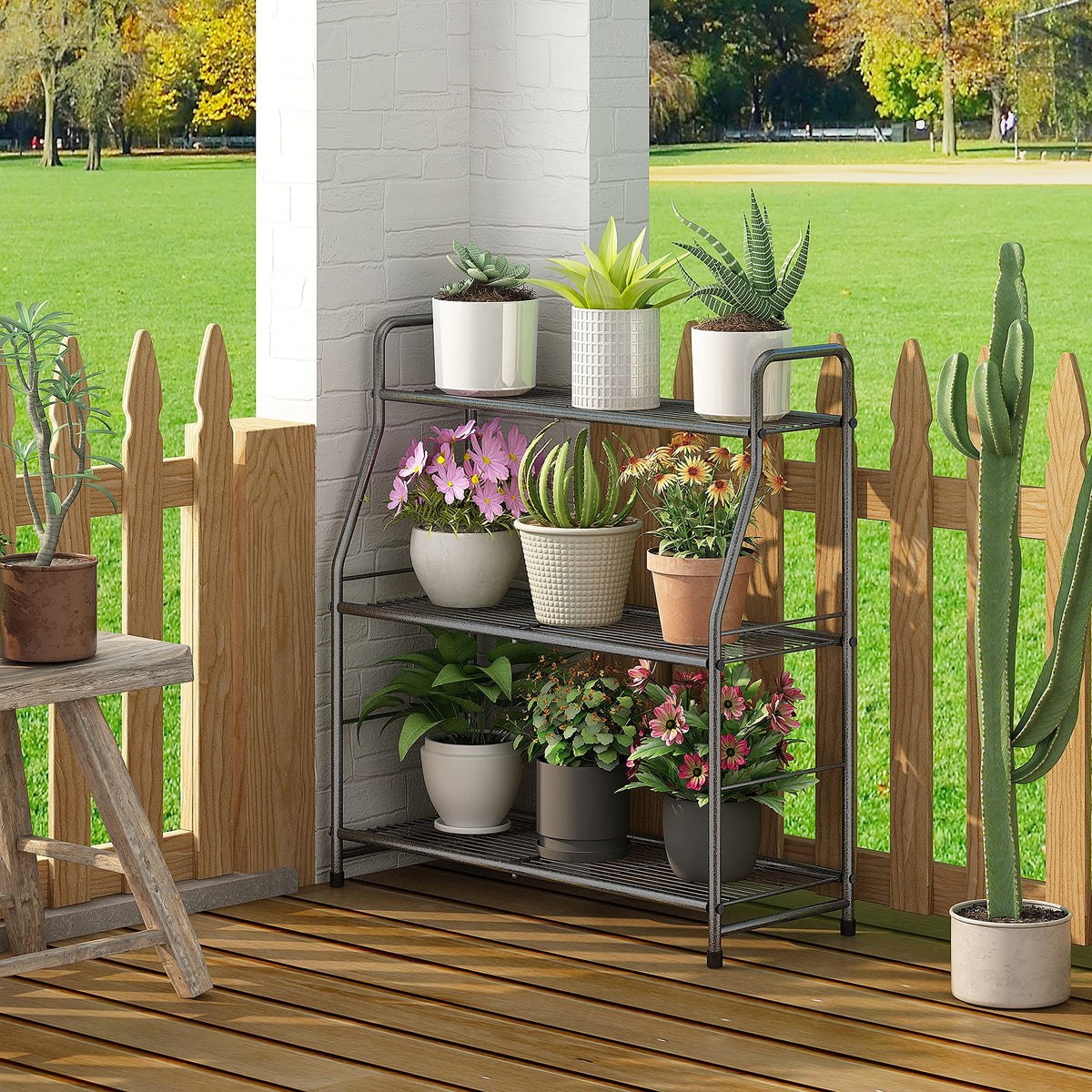 Simple Trending patio garden stand supports multiple plants and decor.