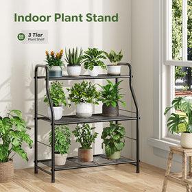 Simple Trending 3-Tier Plant Stand side view highlights sturdy metal frame for outdoor use.