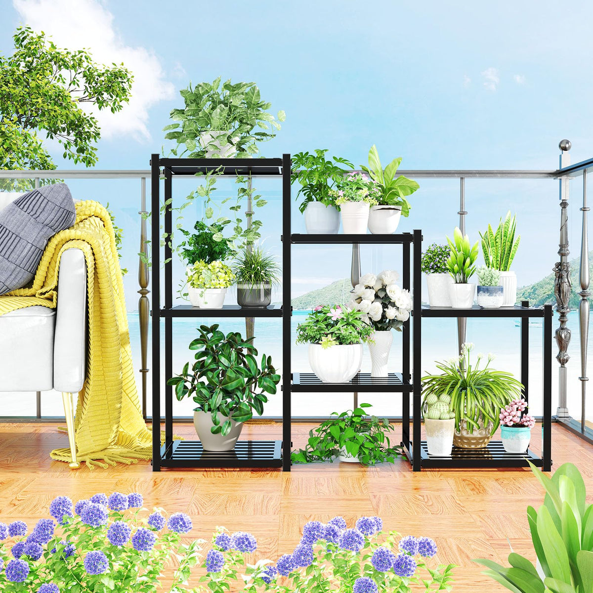 Simple Trending 7-tier shelves filled with pots demonstrating space efficiency