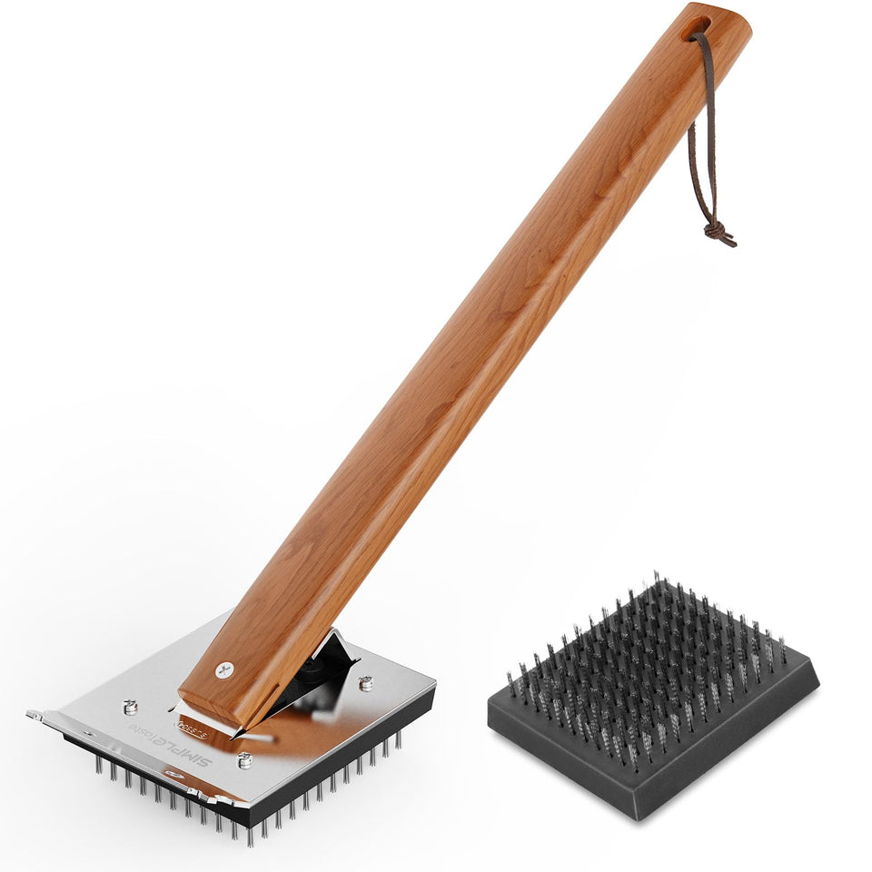 SimpleTASTE grill brush with cherry wooden handle provides comfortable grip for easy scrubbing.