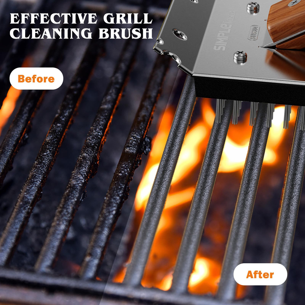 SimpleTASTE grill brush with hanging loop for convenient storage.