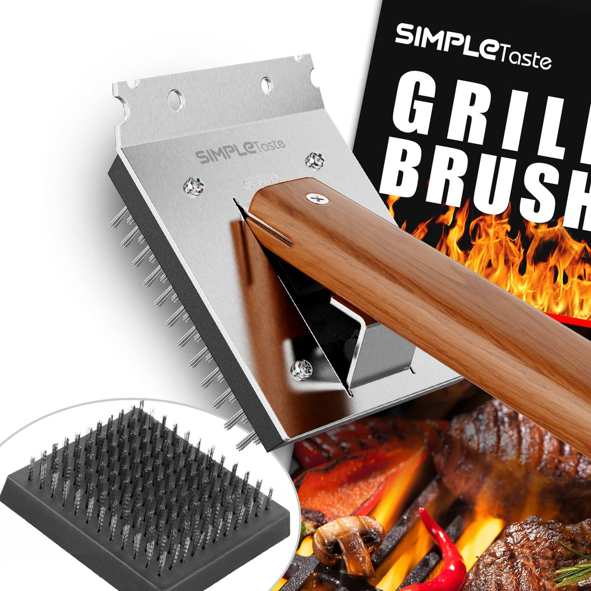 SimpleTASTE grill brush stainless steel head cleans grill grates efficiently.
