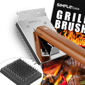 SimpleTASTE grill brush stainless steel head cleans grill grates efficiently.
