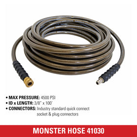 Simpson Monster dual-braided construction offers flexible, kink-resistant performance.