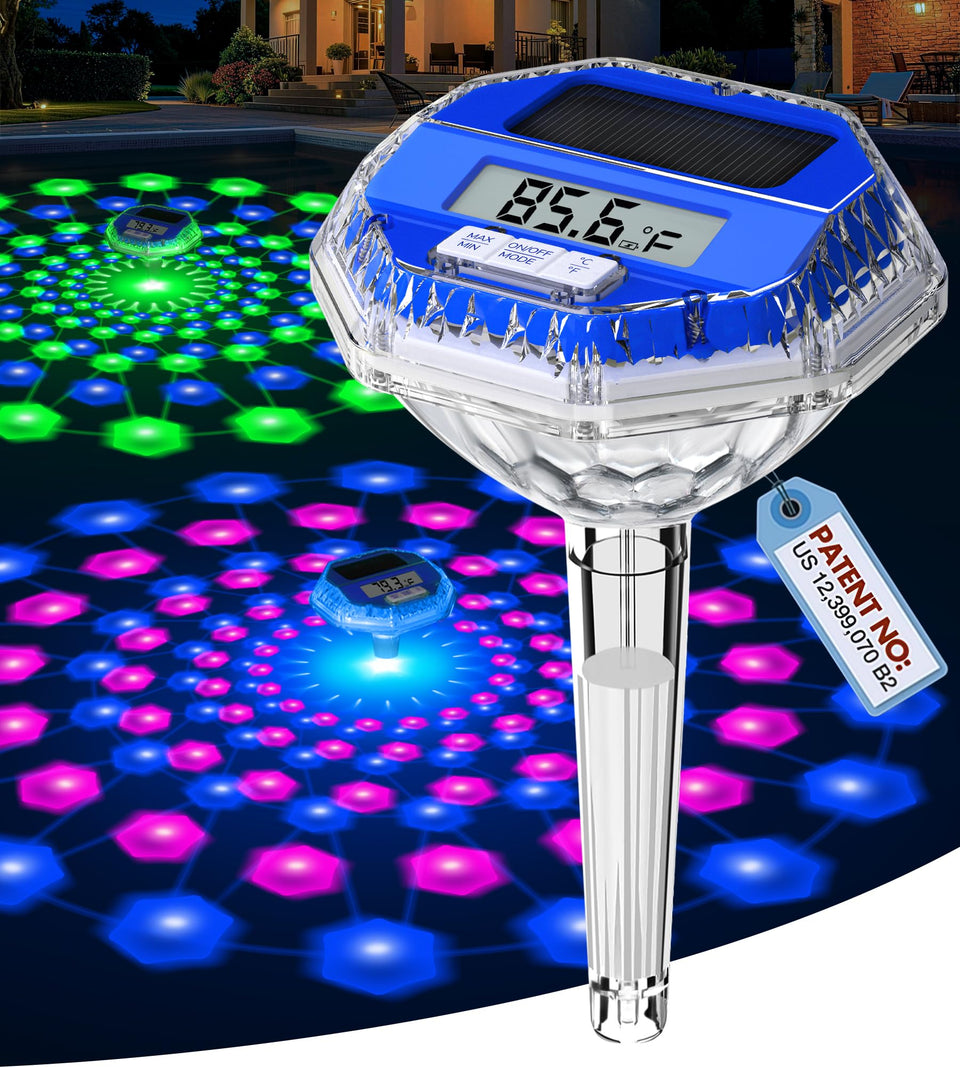 Sinbyuer digital solar pool thermometer with dynamic light show enhances evening ambience.