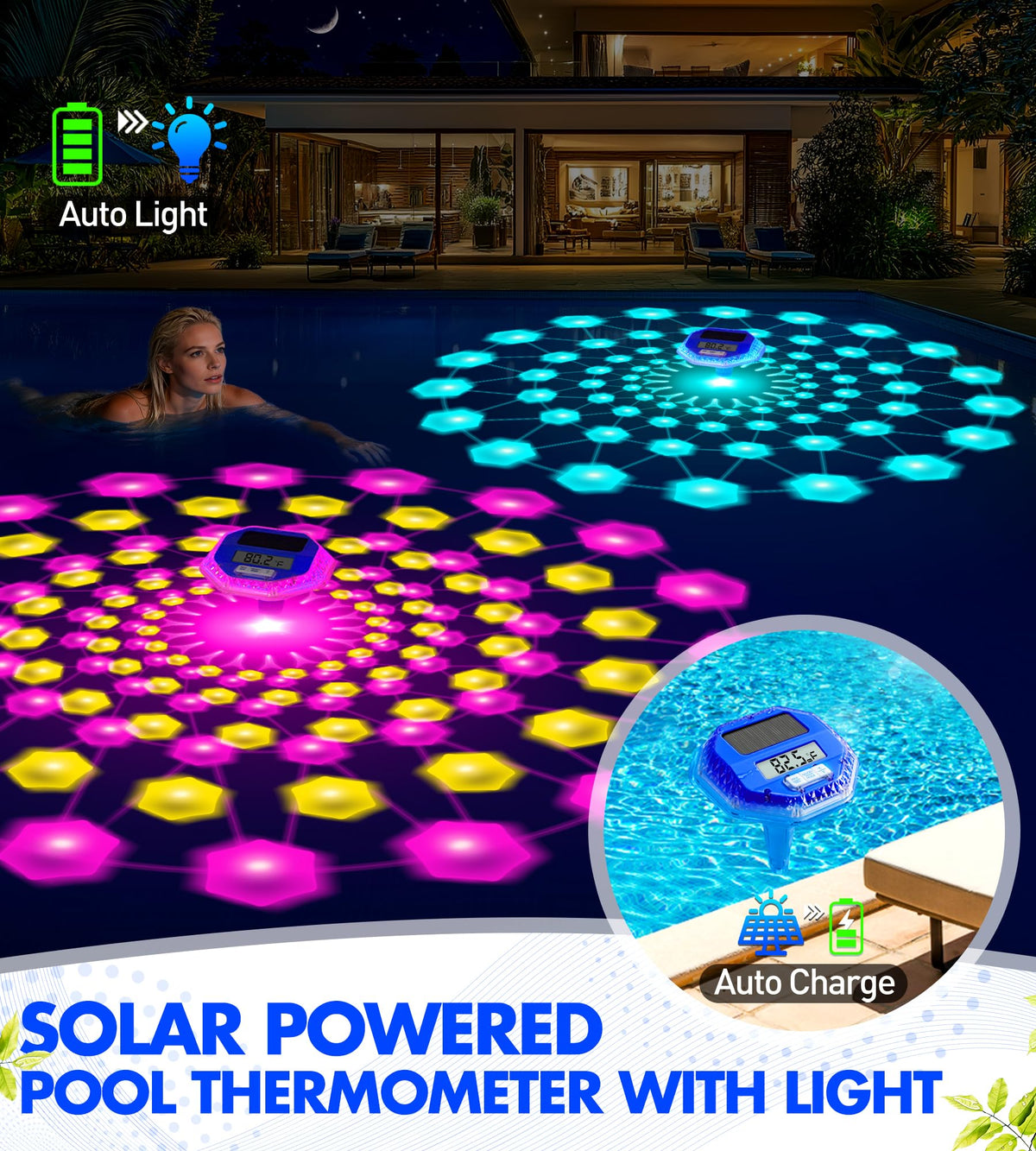 Sinbyuer floating pool thermometer with large LCD screen for clear readings.