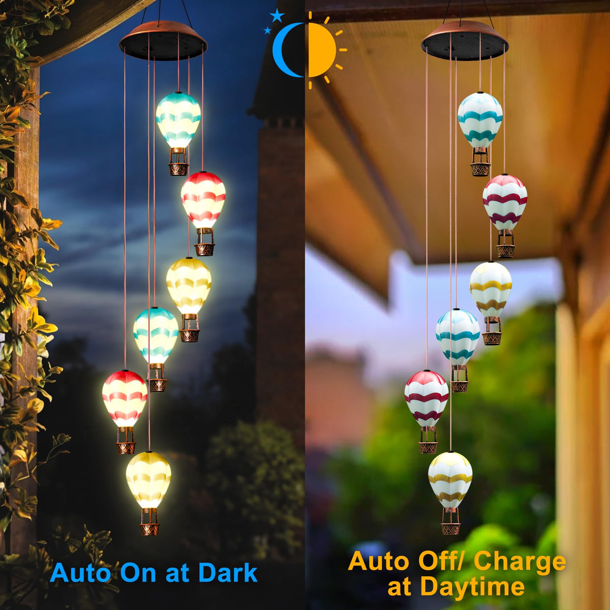 Singingarden hot air balloon wind chimes lit, playful decor that glows at dusk.