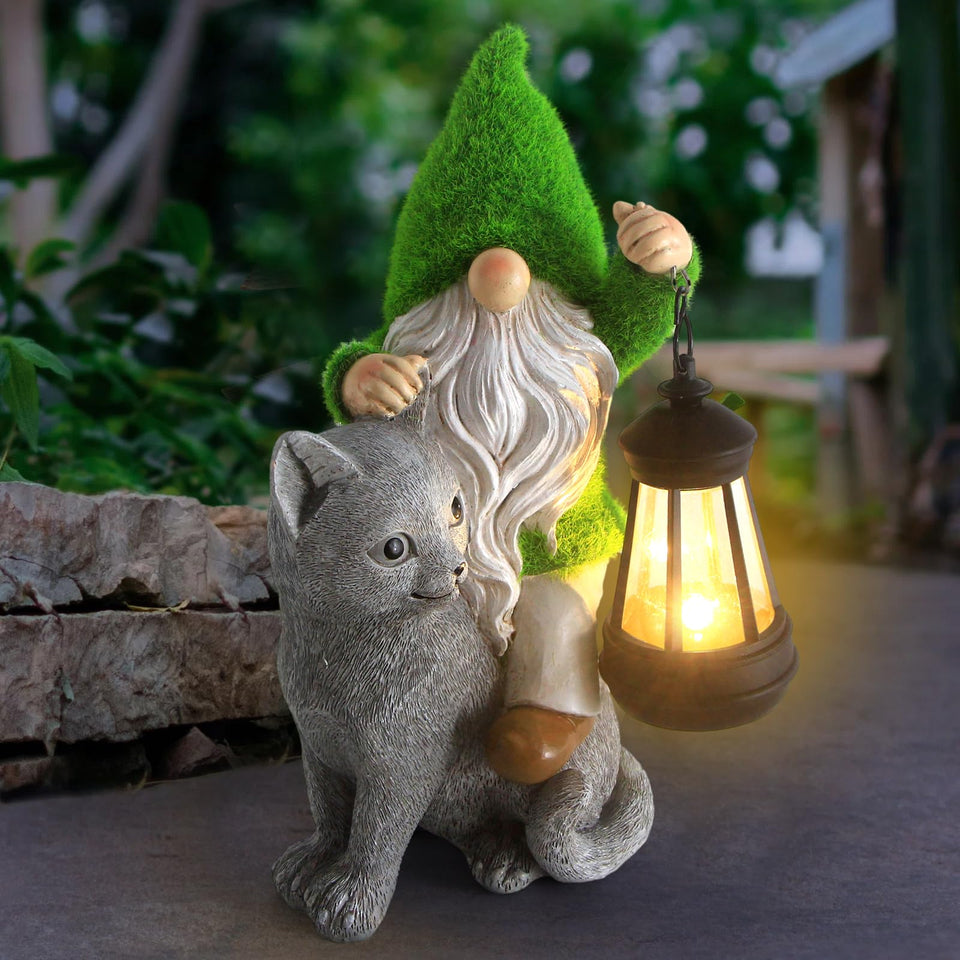 Sinhra garden cat gnome with solar lantern lighting your outdoor space at dusk