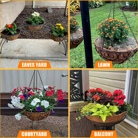 Sinimaka coco liner enhances garden decor for porches, courtyards, weddings and cafes.