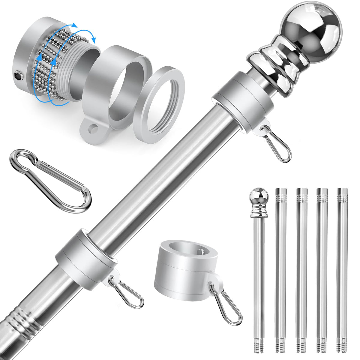 Sinyoeer 6 ft flag pole exterior shot showing rust-resistant stainless steel finish.