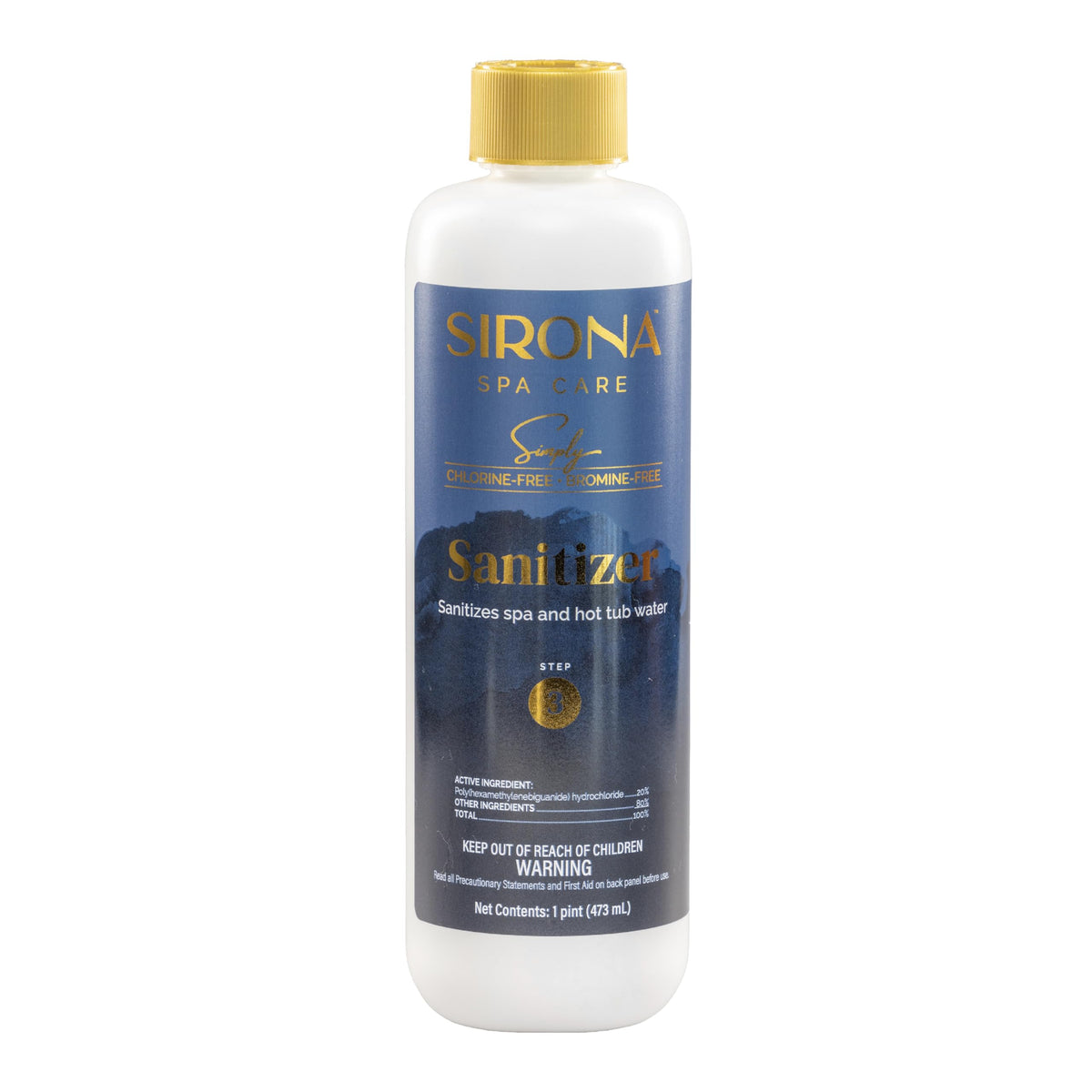 Sirona Simply Sanitizer bottle pour shows easy dosing for a gentle spa cleanup.