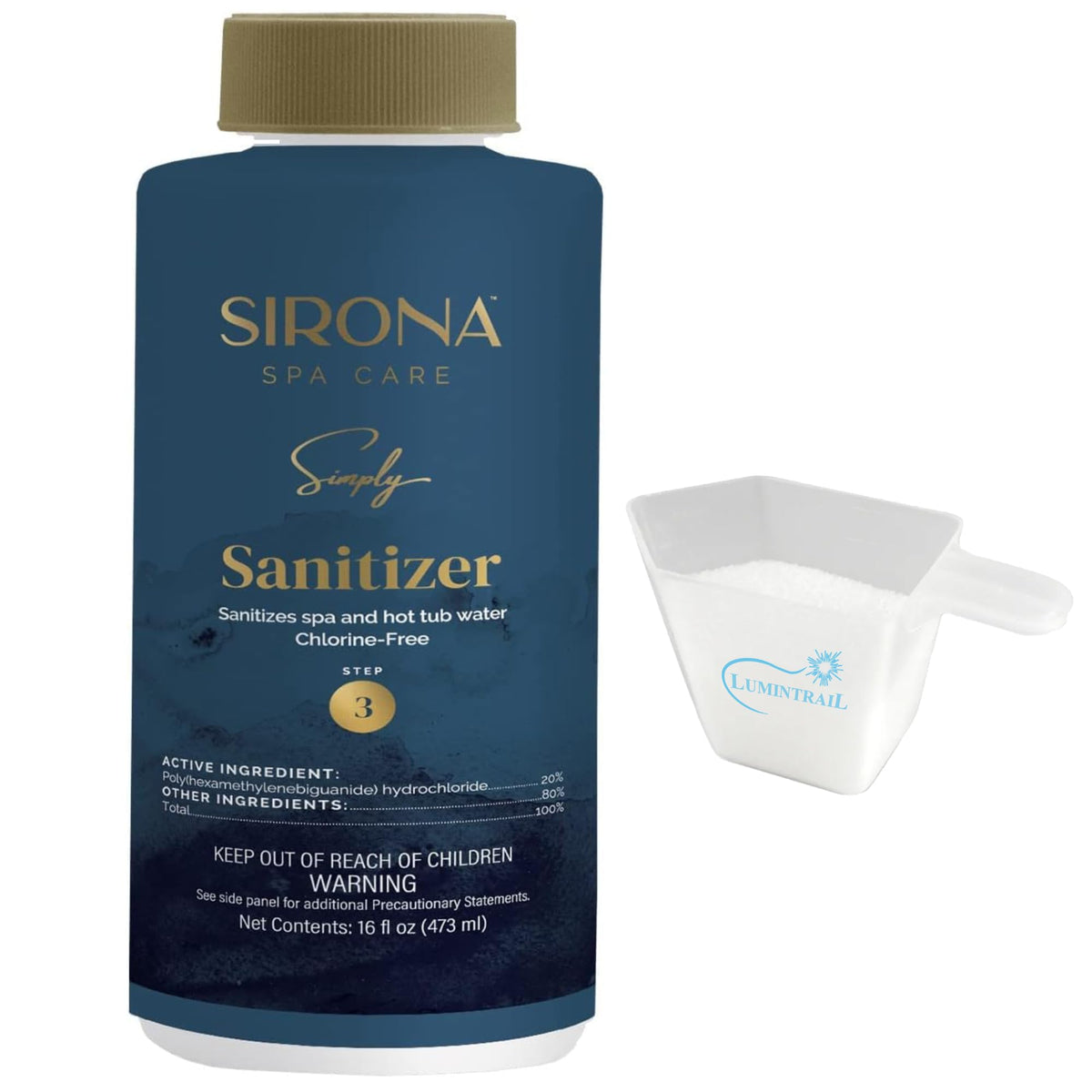 Sirona Simply Step 3 bottle pour demonstrates easy, non-chlorine cleaning for spa water.