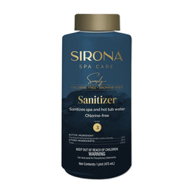 Sirona Simply Sanitizer bottle on shelf, bromine-free, chlorine-free spa sanitation.