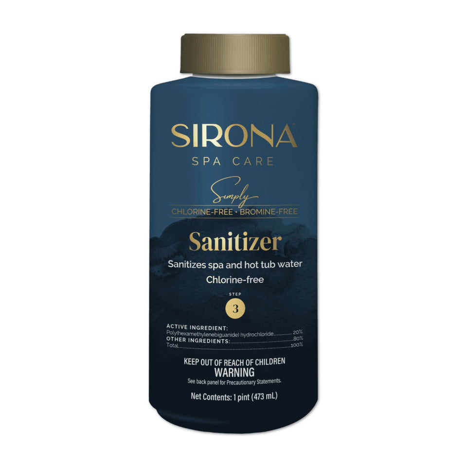 Sirona Simply Sanitizer bottle on shelf, bromine-free, chlorine-free spa sanitation.