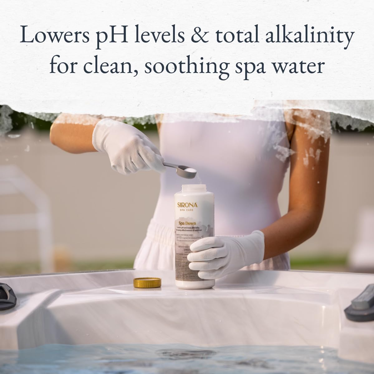 Sirona Spa Down bottle with label demonstrates easy-to-use formula for spa maintenance.