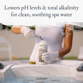 Sirona Spa Down bottle with label demonstrates easy-to-use formula for spa maintenance.