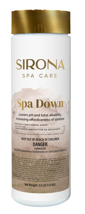 Sirona Spa Down granular form ready to balance spa pH for clearer water.