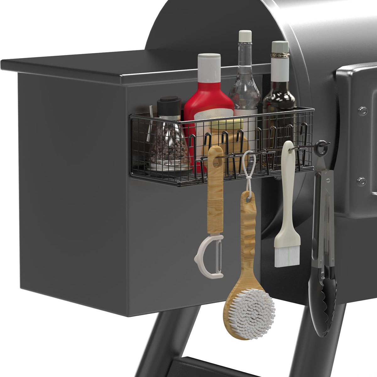 Sirozi magnetic storage bin attached to Traeger Ironwood 885 keeps tools within reach.