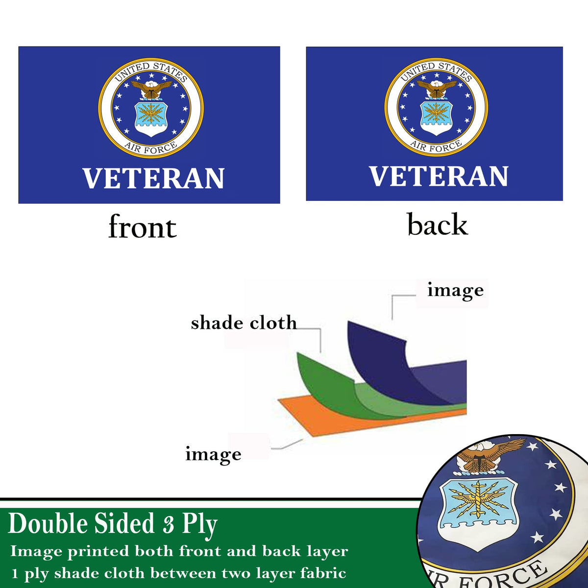 Sirrail Air Force Emblem Veteran Flags back view, identical readability from behind outdoors.