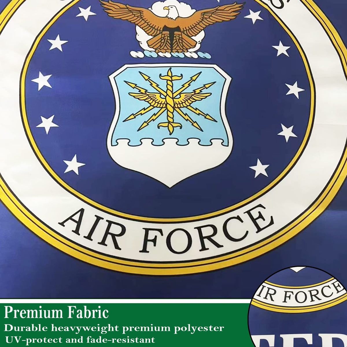 Sirrail Air Force Emblem Veteran Flags brass grommets close-up, sturdy outdoor hanging.