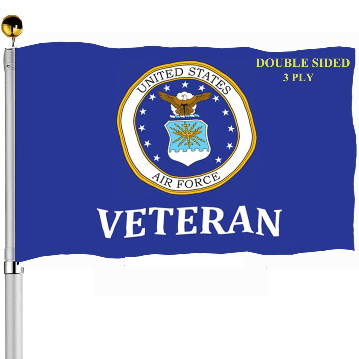 Sirrail Air Force Emblem Veteran Flags front view, double-sided readability for outdoor display.