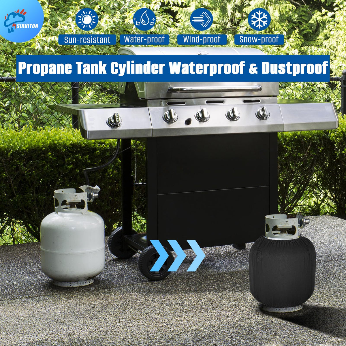 SIRUITON propane tank cover elastic-bottom keeps cover secure on outdoor tanks.