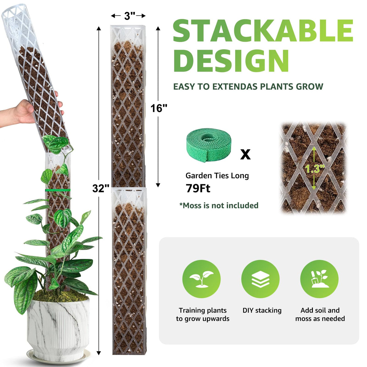 Sisher plastic moss pole 16-inch height with easy installation and gentle ties