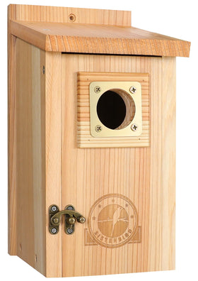 SISTERBIRD cedar bird house outdoor setup with copper guard protects nesting site from predators.