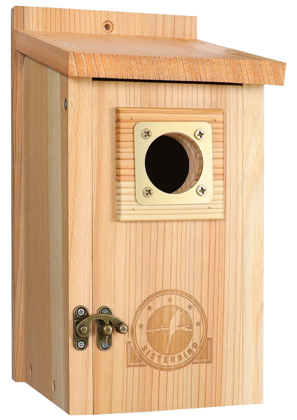 SISTERBIRD cedar bird house outdoor setup with copper guard protects nesting site from predators.