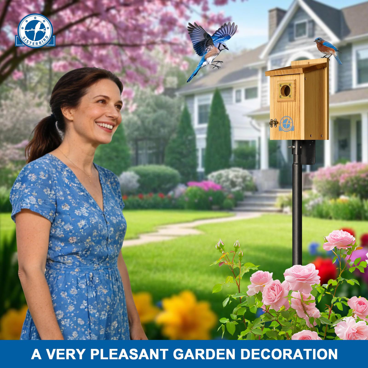 SISTERBIRD bluebird house displayed in a garden setting enhances wildlife viewing.