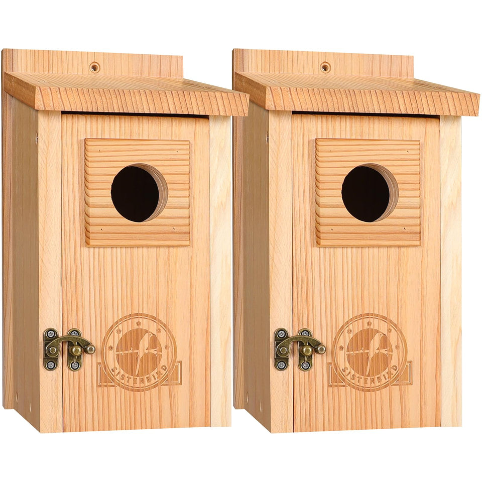 SISTERBIRD bluebird house outdoors, pack of 2, front view enhances garden habitat