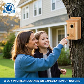 Two SISTERBIRD bird houses arranged in backyard to create a nesting trail