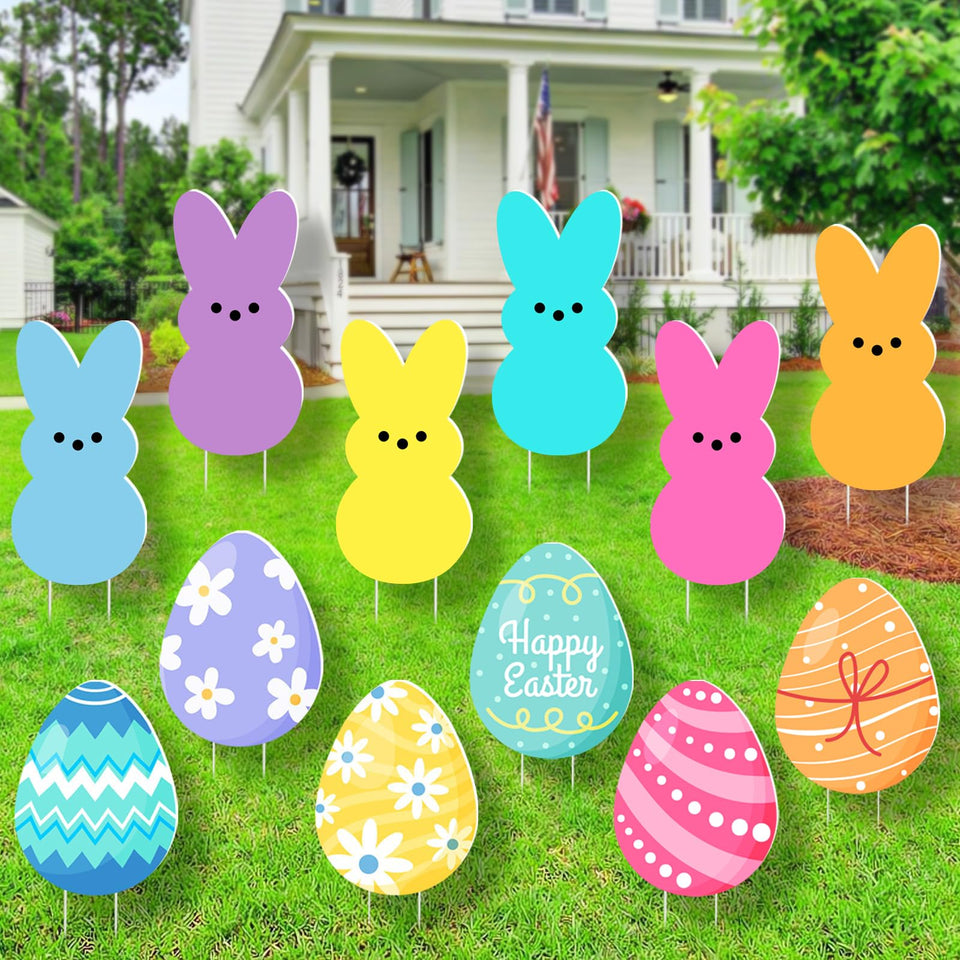 SIUNIE Easter yard sign set with pink bunnies and stakes for lawn display