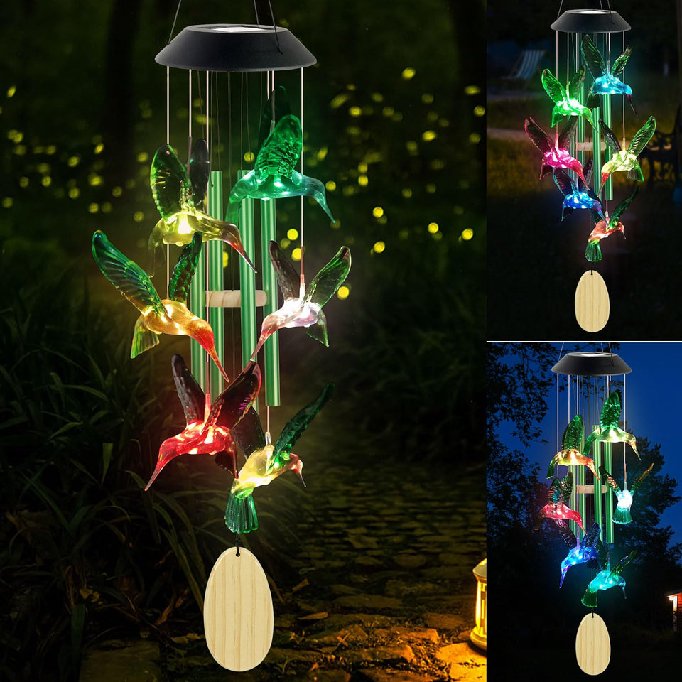 SIX FOXES hummingbird solar wind chime on fence with soothing color glow for evenings.