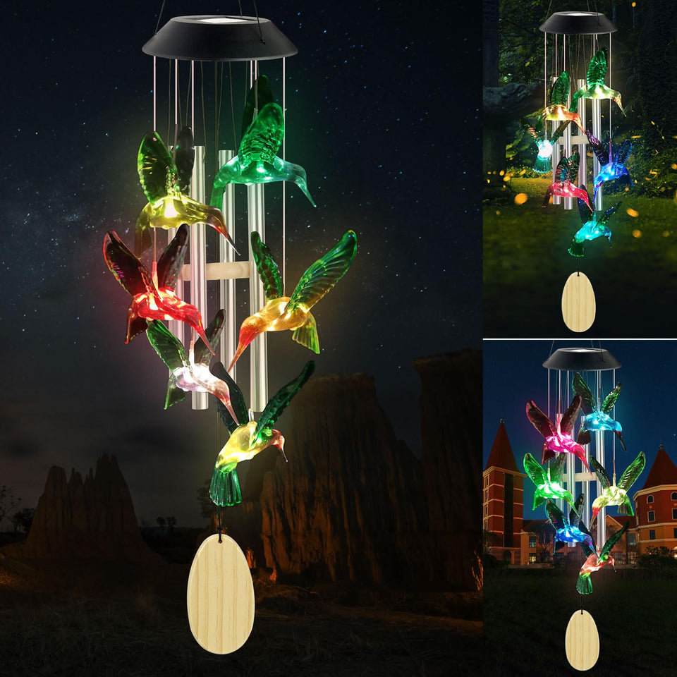 SIX FOXES solar hummingbird wind chime glows at night for cozy outdoor decor.