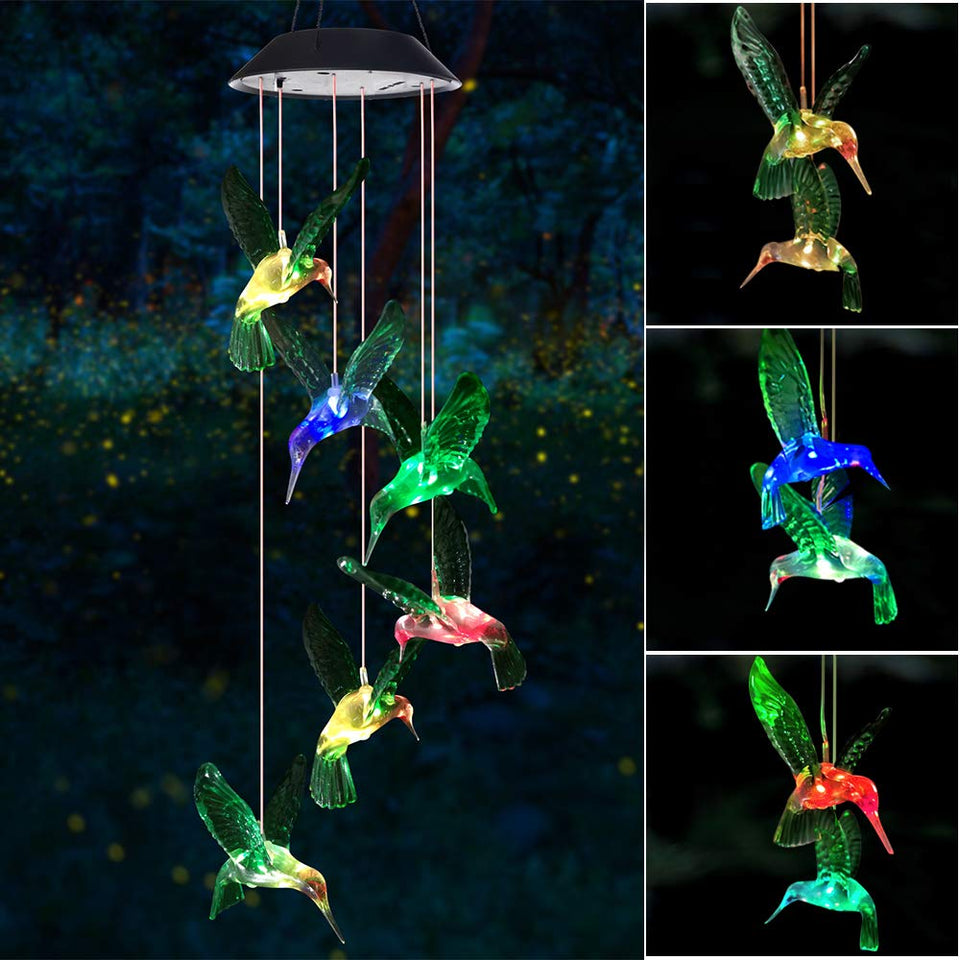 SIX FOXES wind chime with hummingbird solar glow enhances outdoor ambiance