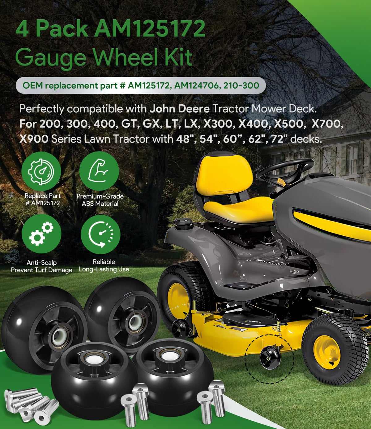 Sixcow AM125172 anti-scalp wheel prevents deck scalp on uneven ground.