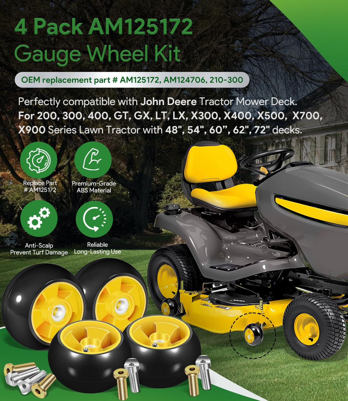 Sixcow yellow deck wheel kit close-up showing anti-scalp protection