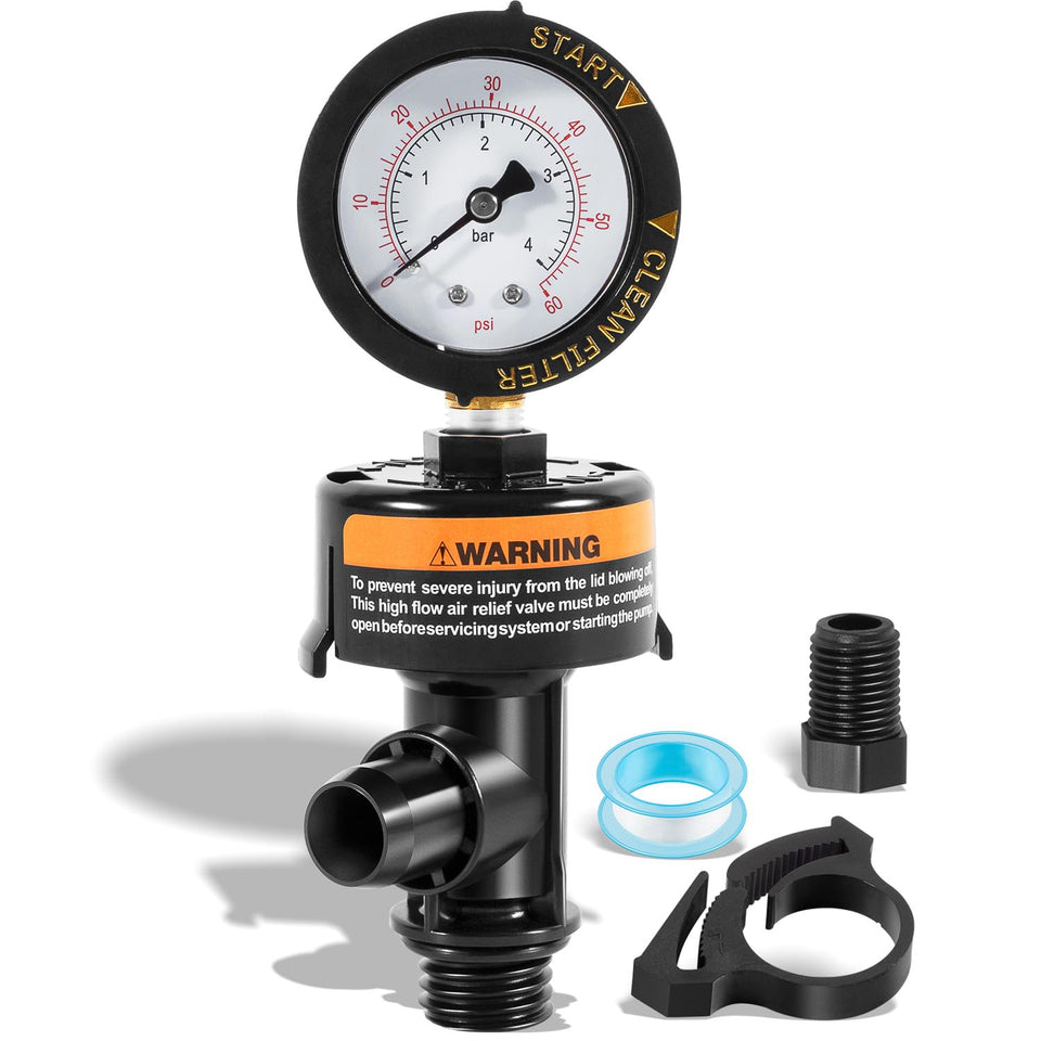 Sixcow high flow relief valve with top mount gauge for pool filter operation