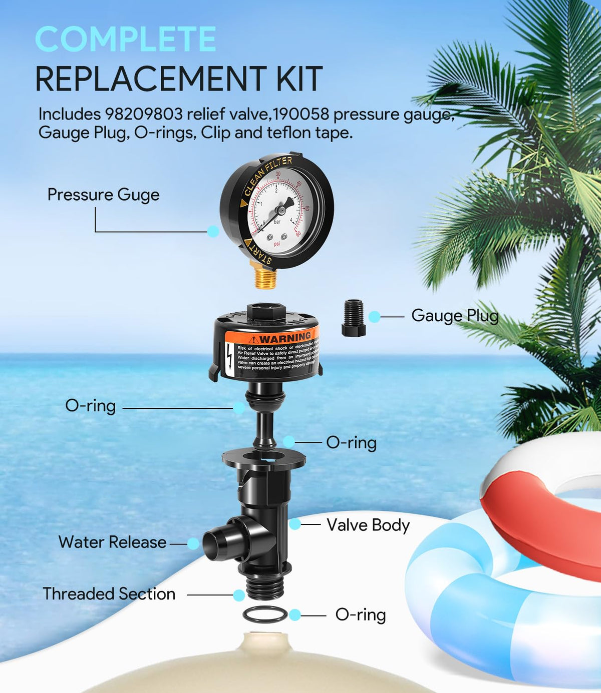 Sixcow relief valve assembly kit with O ring and clips