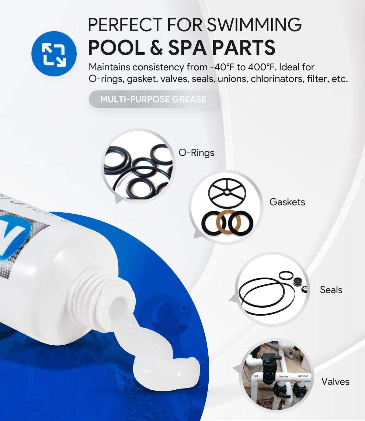 Lubricates valves and gaskets for pool equipment and long-lasting operation.