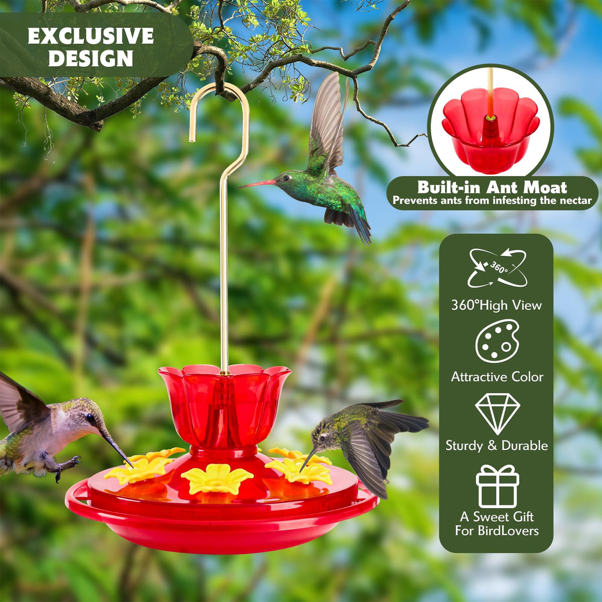 SIXTOYZF hummingbird feeder top view showing ant moat to deter pests