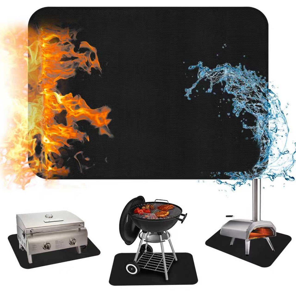 Skablix under-grill mat protects outdoor tabletops during grilling.