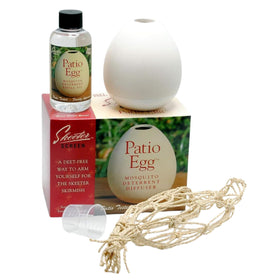 Skeeter Screen Patio Egg Diffuser on table releasing a light floral fragrance.