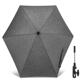 Skibiles chair umbrella with universal clip provides portable sun protection for outdoor seating.
